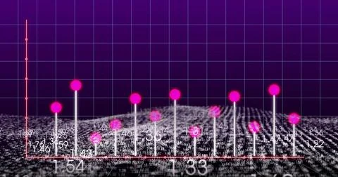 Visualizing 3D bars rising from numeric grid on purple gradient, with magenta Stock Illustration