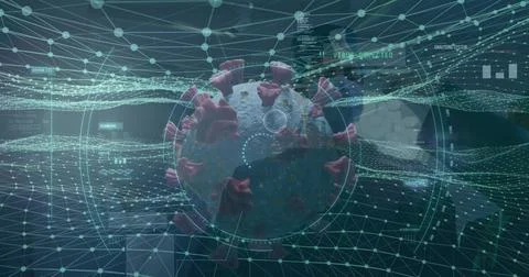 Visualizing 3D coronavirus particle floating in virtual dashboard, with node 스톡 일러스트