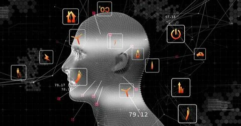 Visualizing 3D dotted head displaying energy data icons on digital dashboard Illustrazione stock
