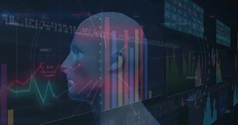 Visualizing 3D mesh head silhouette rotating in virtual data grid with charts イラスト素材