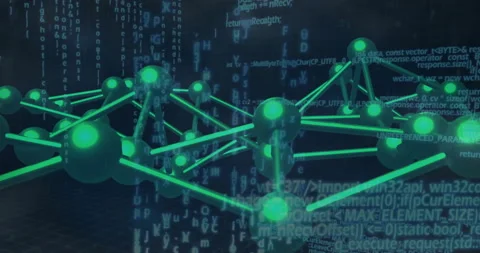 Visualizing 3D molecular net glowing green spheres connecting rods over grid Stock Footage 307428855