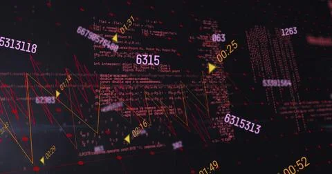 Visualizing abstract cluster projecting in digital grid, with code snippets red Stock Photos