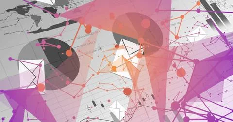 Visualizing abstract network of colored nodes and shapes in virtual data space, Stock Photos