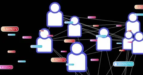 Visualizing avatar network linked by lines on black backdrop, with floating 스톡 사진