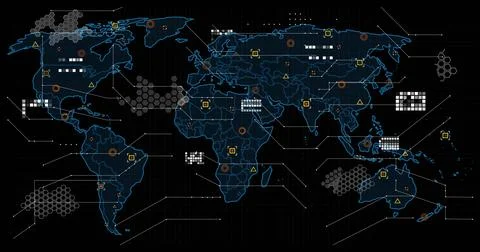 Visualizing blue world map linking hexagon clusters, data markers via lines in Stock Photos