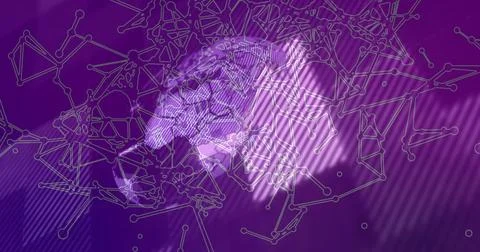 Visualizing brain mesh rotating on purple background with network nodes and Stock Illustration