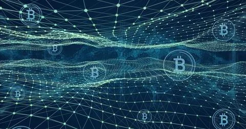 Visualizing central 3D blockchain network mesh glowing on dark blue field, with Stock Illustration