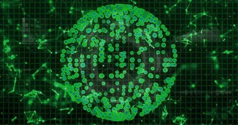 Visualizing central digital sphere rotating on green grid, with glowing nodes Stockillustratie