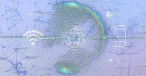 Visualizing central internet globe icon pulsing in network, with nodes, icons Stock Photos