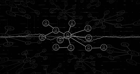 Visualizing central network node emitting connections in dark digital UI 스톡 동영상 307432277