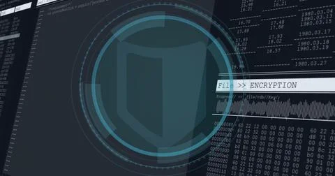 Visualizing central shield emblem with HUD rings on security console, showing Stock Illustration
