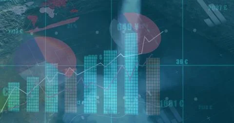 Visualizing central vertical bar chart data at screen, with line graphs and pie Stock Photos