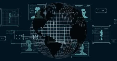 Visualizing central wireframe globe spinning in data dashboard, with floating UI Stock Illustration