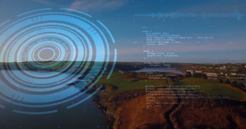 Visualizing circular data and animating code over coastal landscape Stock Footage 305074068