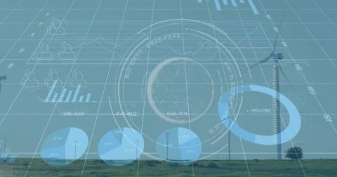 Visualizing circular interface tracking wind farm metrics on grassy plain using 스톡 사진
