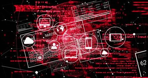 Visualizing cloud storage avatar icons and code windows floating on red matrix, Stock Illustration