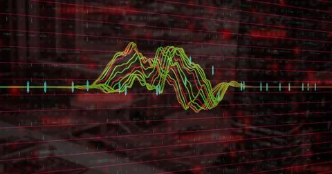Visualizing colorful waveform lines pulsing over red grid at city street display Stock Photos