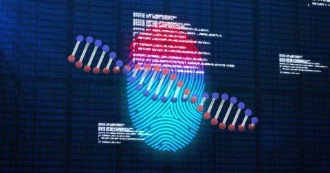 Visualizing cyan fingerprint being overlaid by DNA helix on cyber dashboard,  스톡 일러스트