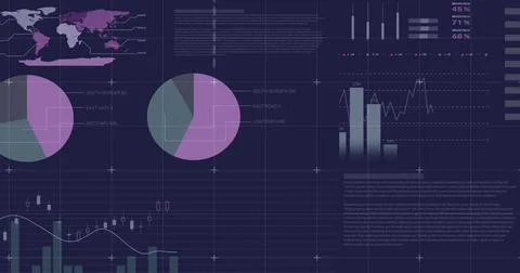 Visualizing dark violet dashboard UI showing two large pie charts, line chart Stock Illustration
