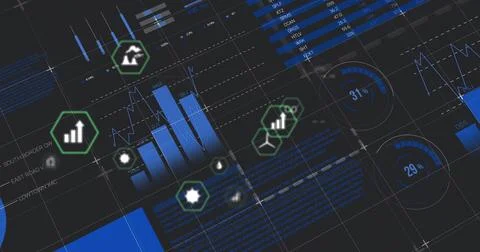 Visualizing dashboard in control room, with blue charts and white graphs, Stock Illustration