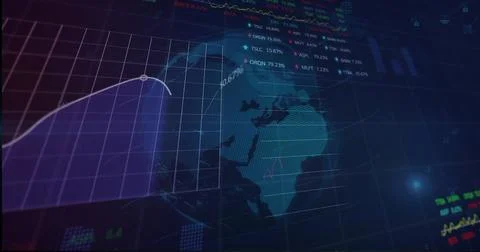 Visualizing dashboard showing world map and line graph over grid, with numeric Illustrazione stock