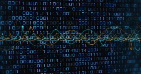 Visualizing data with glowing binary digits and neon waveform lines on analytics Stock Photos