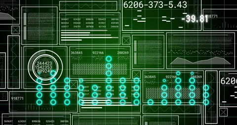 Visualizing data by loading UI, showing teal dots, animating gauge, shifting Stock Footage 309687512