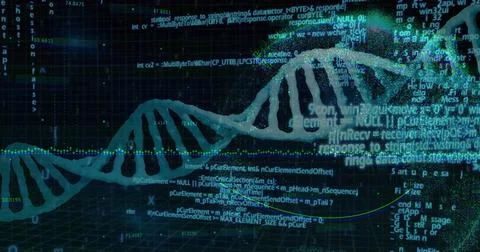Visualizing DNA helix floating on grid UI, with code snippets, numerical data Stock Illustration