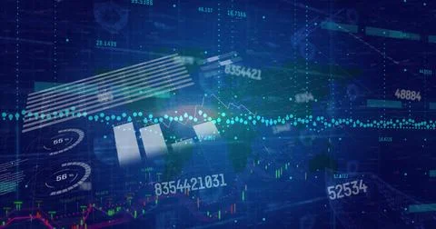 Visualizing financial data on futuristic dashboard, with bar and line charts and Stock Illustration