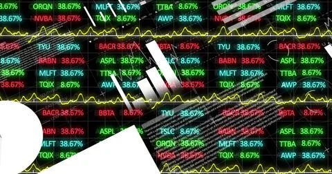 Visualizing financial data on grid showing colored ticker symbols, % values, Stock Photos
