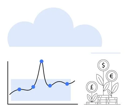 Visualizing Financial Growth with Cloud Technology Integration and Currency.. Ilustración de archivo