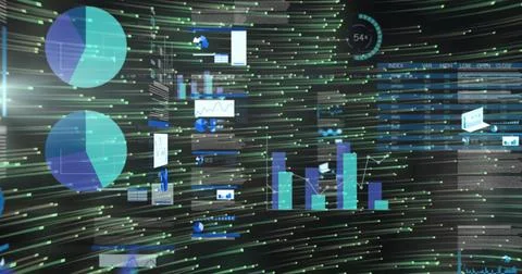 Visualizing floating data on tech dashboard showing pie, bar, line charts, Stock Illustration