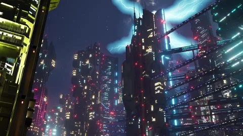 Visualizing the future. Buildings radiating streams of energy and light. Stock Footage 304952332