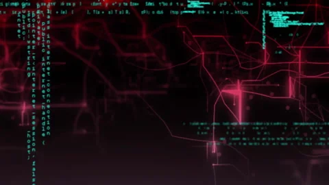 Visualizing futuristic data network in dark animation with teal code and neon Stock Footage 309342351