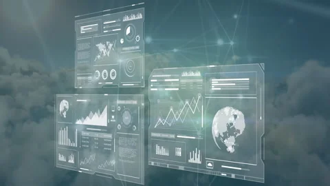 Visualizing global network with digital data analytics in cloud animation Stock Footage 304808342