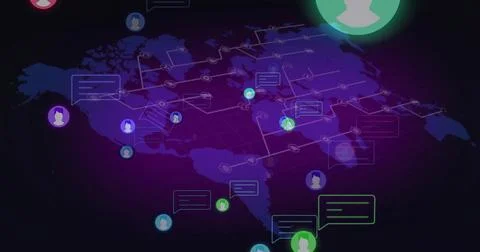 Visualizing global network in virtual interface with purple map, neon avatar Stock Illustration