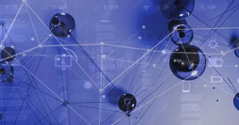 Visualizing glossy spheres linking via thin filaments on blue data grid, showing Stock Photos