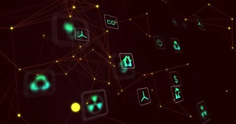 Visualizing glowing yellow nodes clustering in maroon virtual space, showing Stock Illustration
