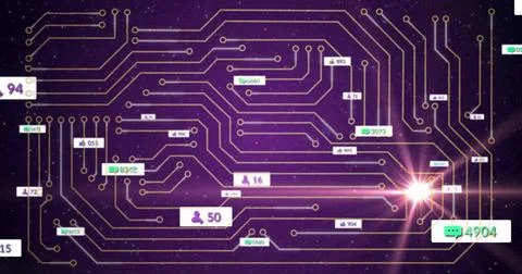 Visualizing gold circuit network in purple space, with social media metric 스톡 사진