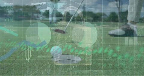 Visualizing golfer in white shoes aligning club over golf ball on putting green, 스톡 사진