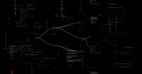 Visualizing graph in cyber interface, with red nodes, white lines, binary digits Stockfoto's