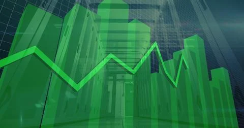 Visualizing green 3D bar chart and zigzag line graph in server rack aisle, Foto stock