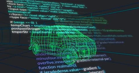 Visualizing green wireframe van model rotating in virtual 3D grid environment, Foto stock