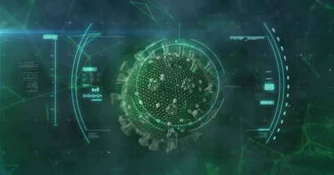 Visualizing green wireframe virus sphere floating within dark tech interface, Stock Photos