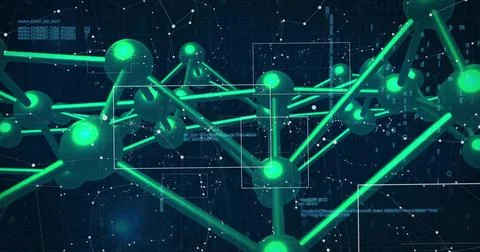 Visualizing interconnected green spheres and rods floating in digital grid, with Foto stock