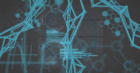 Visualizing light-blue 3D lattice twisting through interface, with hex grids, Foto stock