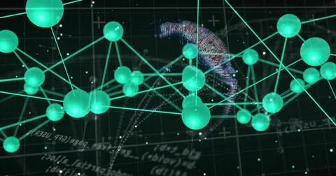 Visualizing linked glowing teal spheres connecting by thin neon lines in 3D Illustrazione stock