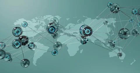 Visualizing metallic spheres linking via thin rods across world map, with Stock Illustration