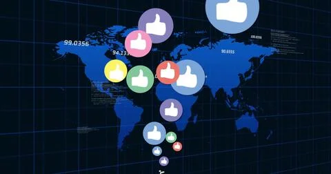 Visualizing multicolor thumbs-up markers descending along center of digital Stock Illustration