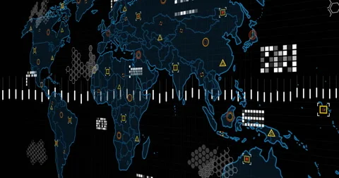 Visualizing neon-blue world map pulsing with white grid lines and data icons, in Stock Footage 307428540